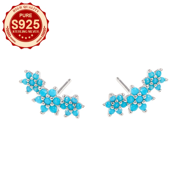 Women's S925 Silver Synthetic Turquoise Floral Stud Earrings